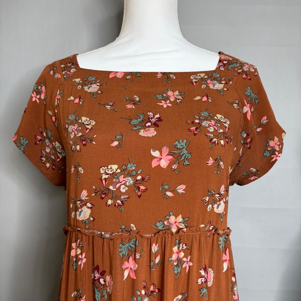 Natural Life Berkley Brown Floral Tiered Maxi Dress L Boho Cottagecore Travel - Picture 7 of 8